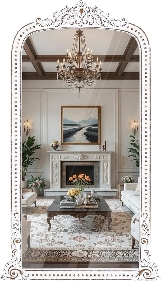 Full Length Wooden Mirror: 47x27 Inch Baroque Antique Floor Mirror - Ornate Long Body Mirrors Home Decor for Wall, Dressing Room, Bedroom, Cloakroom, Entryway
