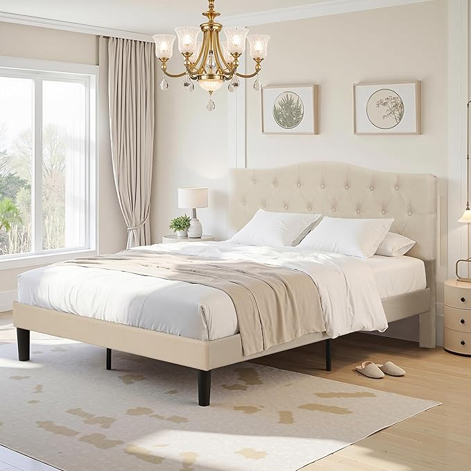 VECELO Queen Size Bed Frame Upholstered Platform with Tufted Adjustable Headboard/Mattress Foundation with Wood Slat Support, Easy Assembly,Beige