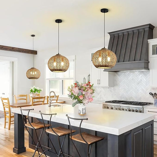 13.79" Rattan Coastal Pendant Light Fixture,Boho 2-Light Kitchen Island Ceiling Hanging Lighting Wicker Hand Woven Farmhouse Chandelier,for Bedroom, Dining Room, Entryway, Foyer