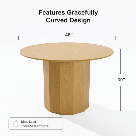 Casaphoria 46" Round Dining Table, Modern Wood Kitchen Table with Cylinder Polygonal Base for Living Room & Dining Room, Easy Assembly Farmhouse Furniture for 4-6, Oak