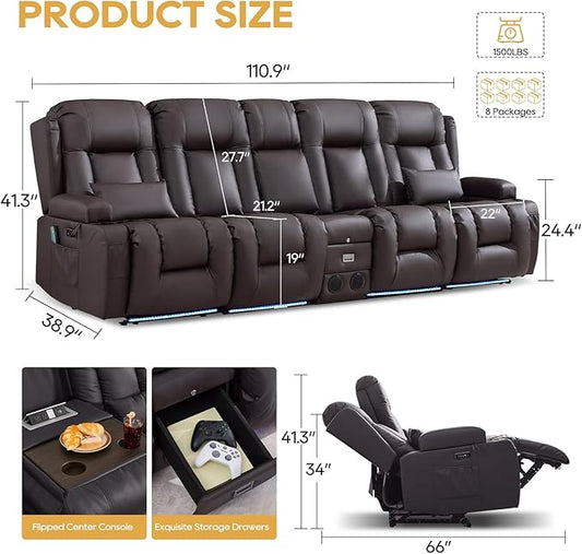 IPKIG Power Recliner Sofa with Flip-Up Backrest Console, USB & USB-C Ports, AC Outlet, LED Lights, Wall Hugger Recliners for Living Room, RV (Brown, 110.9" - 5 Seat) | Faux Leather, Zero Gravity, Dual Reclining, 2 Lumabr Pillow, Bluetooth Speakers