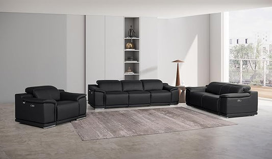 Blackjack Furniture Venice Top Grain Italian Leather 6 Power Recliner Seaters 3 Piece Sofa Set with Adjustable Headrests Modern Luxury Seating Sofa, Loveseat and Chair for Living Room Lounge, Black