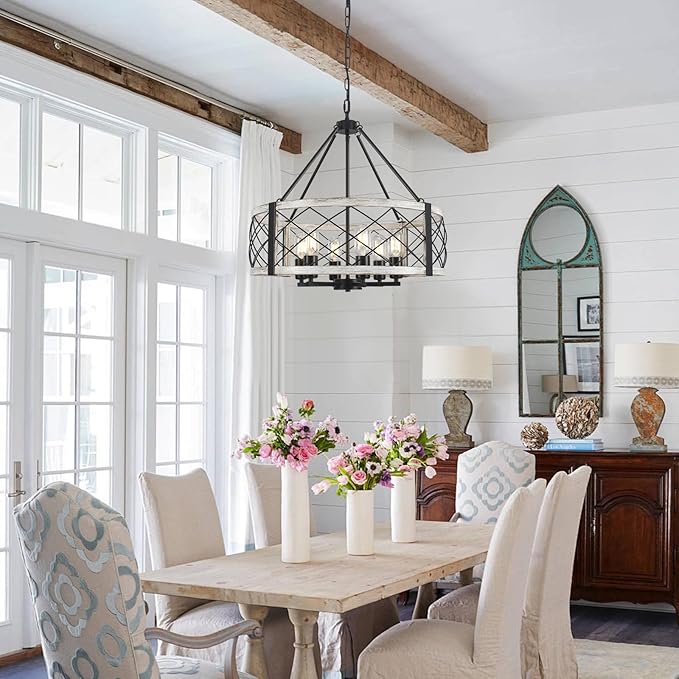 Modern Chandelier for Dining Room, 6-Light Wood Grain Finish Farmhouse Chandelier, 21.6” White Rustic Drum Hanging Light Kitchen Island, Round Metal Hanging Light Fixture for Foyer, Entryway, Bedroom