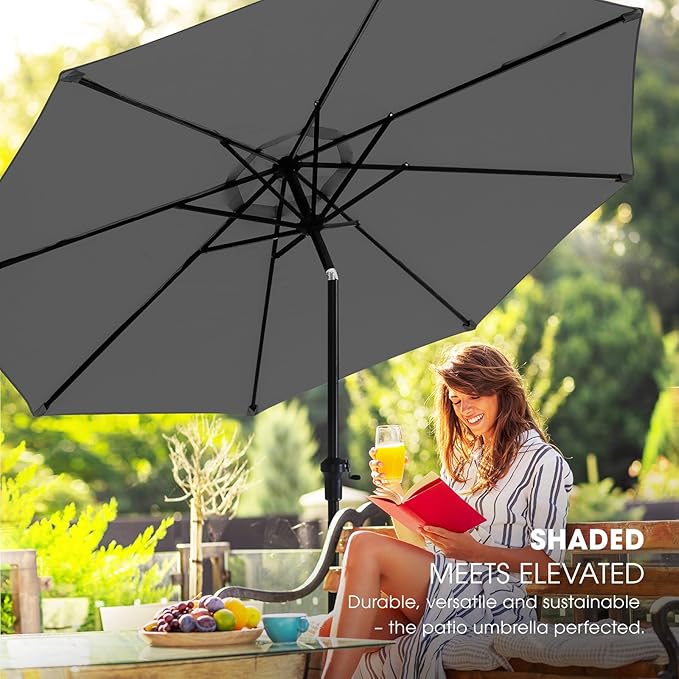 wikiwiki 10FT Patio Umbrella with Base, Outdoor Umbrellas with Base Included, 8 Sturdy Ribs, Waterproof Fade Resistant POLYESTER DTY Canopy for Deck, Lawn, Garden, Backyard & Pool, Dark Gray