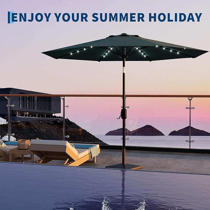 Patio Umbrella with Solar Lights, Outdoor Table Umbrella with 8 Durable Ribs, Tilt & Crank Mechanism, Water & UV Protection Sun Shade Umbrella for Garden, Poolside, Backyard (Turquoise, 9 FT)