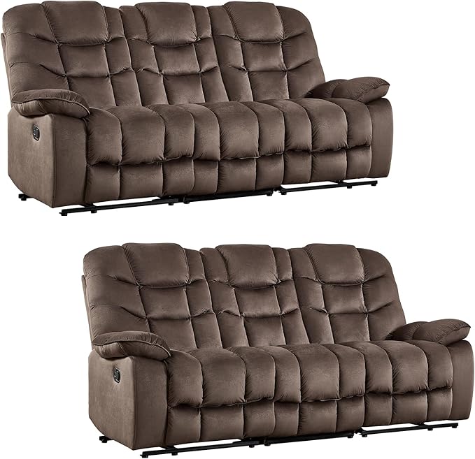 HAOMARKETS 3-Seat Manual Reclining Sofa Set of 2, Soft Fabric Recliner Couch with Padded Headrest and Armrests, 85" Wide Overstuffed 3-Seater Recliner Couches for Living Room, Brown