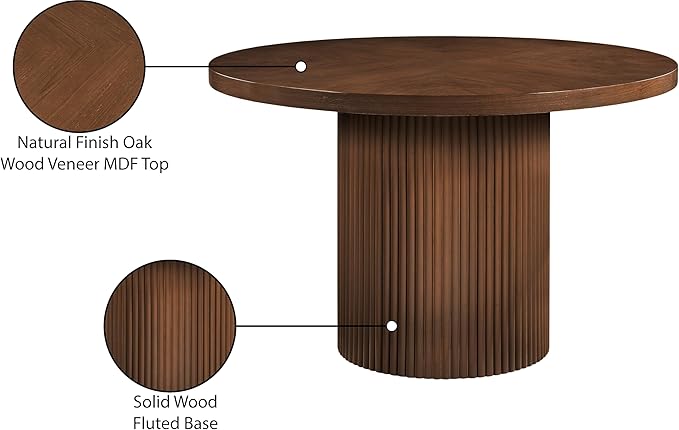 Meridian Furniture 728Brown-T Belinda Collection Mid-Century Modern Dining Table, Solid Wood Base, Brown Finish Oak Wood Veneer MDF Top, Round Top, Fluted Base, 48" W x 48" D x 31" H, Brown