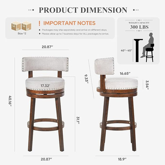 COLAMY Swivel Bar Stool Set of 2, Bar Height Bar Chair, Modern Barstool with Back, Upholstered Wood Barstool for Kitchen Island Dining Room, Beige
