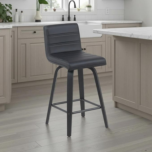 Armen Living Vienna Modern Swivel 26" Counter Height Barstool with Black Faux Leather and Black Wood Finish