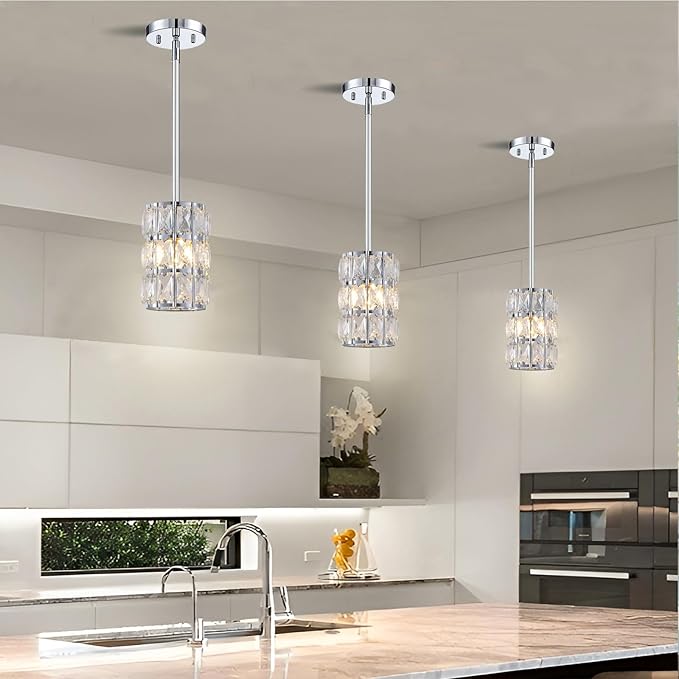 CALDION Modern Crystal Pendant Light 3-Pack Chrome Finish Pendant Lights Mini Crystal Chandelier Adjustable Hanging Ceiling Light Fixtures for Kitchen Island Dining Room Bedroom Entryway Hallway Bar