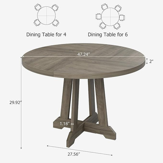 IDEALHOUSE Round Dining Table for 4, 47 Inches Dining Room Table with Wooden Base, Kitchen Table with Circle Tabletop, Dinner Table for Dining Room, Kitchen, Living Room, Grey