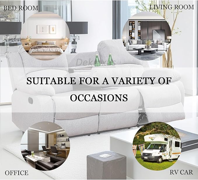 Manual Reclining Sofa Modern Fabric Reclining Sofa Couch in 3 Seats Living Room Couch with Cup Holders & Drop Down Table for Living Room/Office/Rv Car (Grey White, 3 Seater Sofa)
