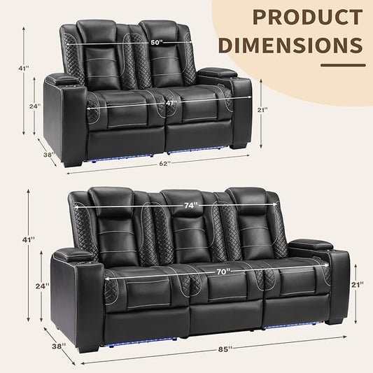 ANJ Power 3-Piece Electric Recliner Sofa and 2PCS Recliner Chairs with LED Lights, USB Charging & Storage, Faux Leather Living Room Furniture for Home Theater (Black)