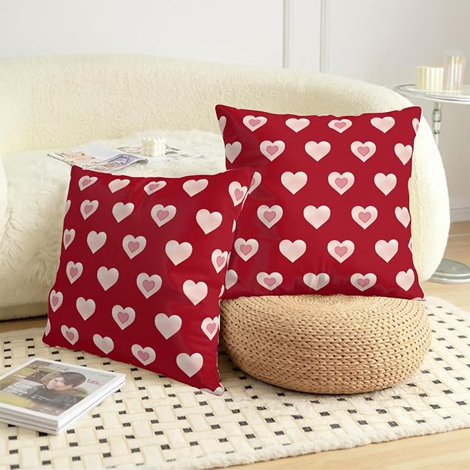 Valentine Day Outdoor Throw Pillow Covers 24x24 Set of 2 Red Pink Heart Pillows Cases Valentines Decorative Cushion Covers for Bed Couch Sofa Living Room