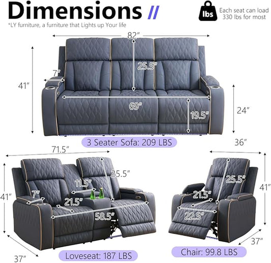 Power Leather Recliner Sofa Chair, Living Room Furniture Sets, Sanded Leather Reclining Couch Chair, Single Recliner with Arm Storage/Cup Holder/Charging Port for Home Theater/Office,Blue Grey