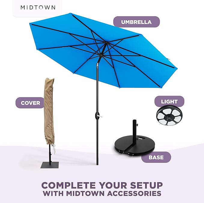Midtown Umbrellas - 10-Year-No-Fade 10FT Patio Umbrella with Terylast Fabric, Auto-Tilt Aluminum Frame and 8 Reinforced Ribs for Deck, Pool, Garden & Beach - Cobalt Blue Canopy, Black Pole