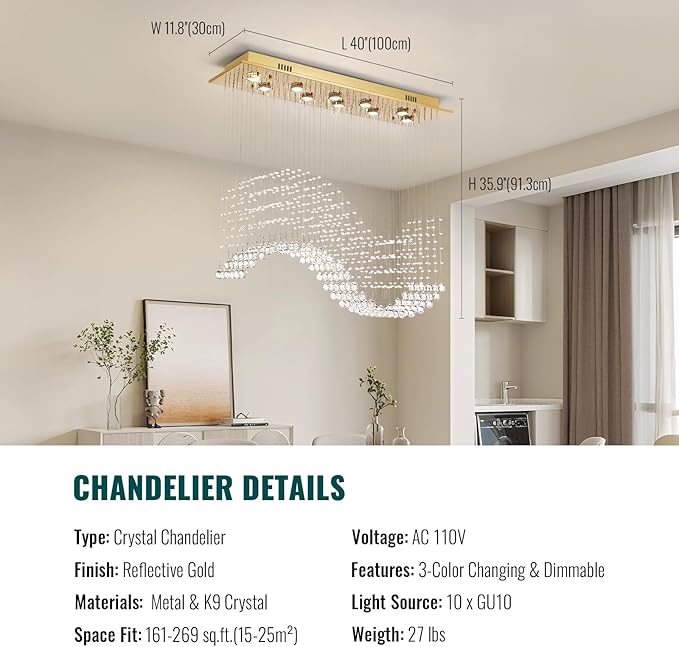 Siljoy Modern Crystal Chandelier 10-Light Rectangular Gold Wave Raindrop Pendant Flush Mount Ceiling Light for Dining Room Living Room Kitchen Island Bar L40'' x W11.8'' x H35.4''