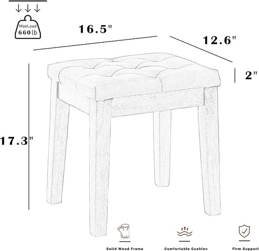 Upholstered Ottoman Stool with Padded Seat, Tufted Vanity Stool with Solid Wood Legs, Accent Stools, Faux Leather Cognac Brown