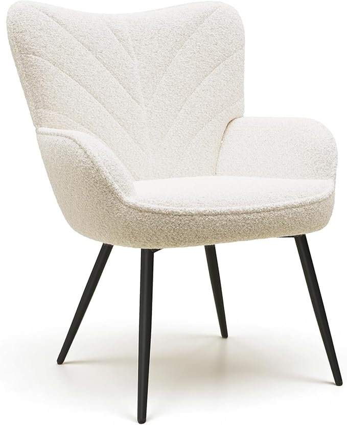 Mid-Century Modern Beige Sherpa Accent Chair, Upholstered Armchair for Living Room/Bedroom/Reading Corner, Curved Back & Padded Seat, High-Density Cushion, Metal Legs, Soft Cozy Fabric