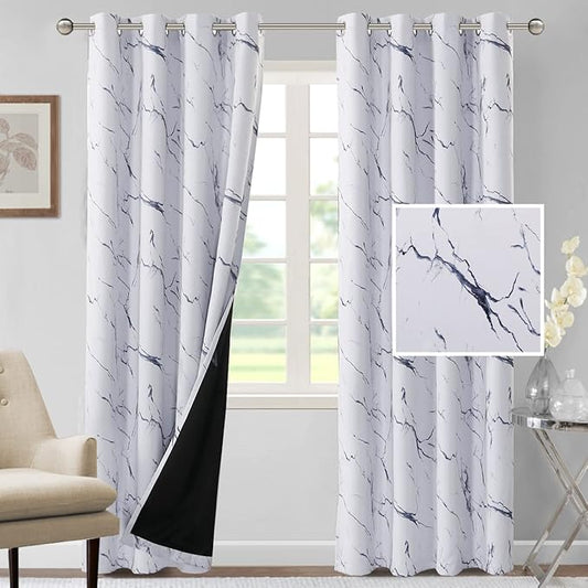H.VERSAILTEX 100% Blackout Curtains 84 inch Length 2 Panels Set Marble Designs Printed Drapes Thermal Curtains for Bedroom with Black Liner Sound Proof Curtains, Dark Blue