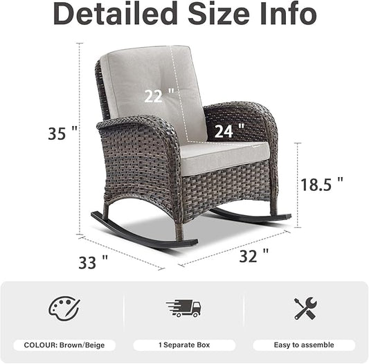 Belord Patio Rocking Chair Wicker Chair, 1 Piece Outdoor Rocking Chair Seating with Cushions for Porch Deck Balcony, Brown/Beige