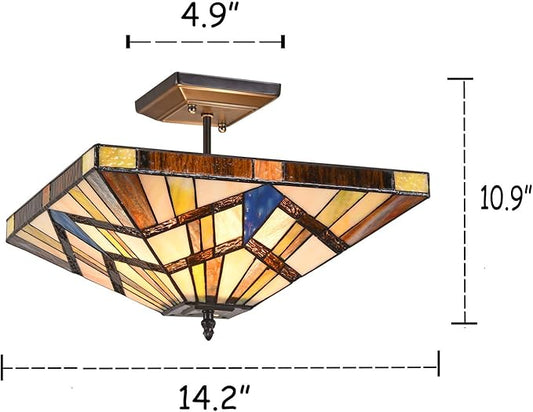 Capulina Tiffany Lamp Stained Glass Semi Flush Mount Ceiling Light 2-Light 14 Inches Wide Cream Amber Antique Tiffany Style Ceiling Lamp for Home Kitchen Porch Entryway Bathroom Hallway
