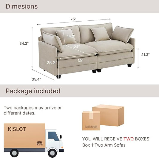 KISLOT 74.4" Oversized Modular Sectional Sofa,Loveseat Cloud Couch,Thick Cushions,2 Deep Seats with 4 Throw Pillows Sofa Couch Set for Living Room, Bedroom | Wood Frame