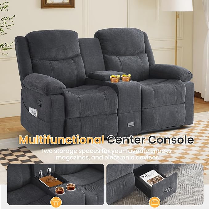 Loveseat Recliner Sofa with Massage & Heating, Reclining Loveseat with Console, RV Wall Hugger Double Loveseat Recliner Couch for Living Room & Home Theater (Chenille-Grey)