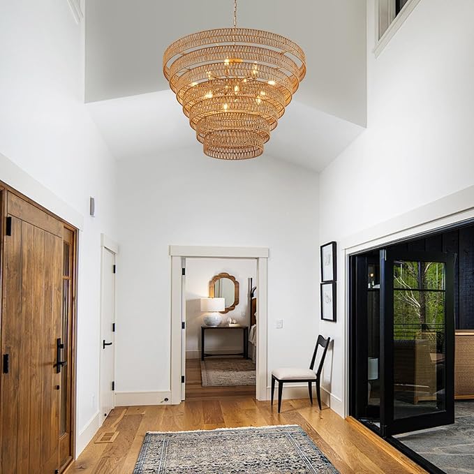 Hand-Woven Rattan Chandelier Vintage Farmhouse 15-Lights Boho Bamboo Large Chandeliers Light Fixture 7-Tier Drum Wicker Chandelier for Dining Room, Living Room, Kitchen, E12