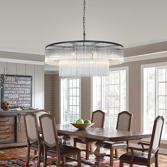 Contemporary Black Chandeliers, 2-Tier Dining Room Glass Chandelier Lighting 10 Lights Round Chandelier for Living Room Foyer Entryway Ceiling Hanging Pendant Light Fixture 32"