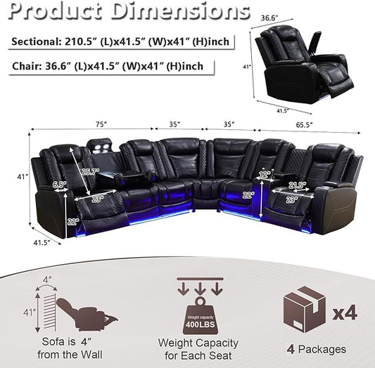 Power Reclining Sectional Sofa Set with LED Light, Leather Sectional Couches, Living Room Furniture Sets, Modern Power Recliner Sofa Sets with 3 Recliner Seater, Couches for Living Room