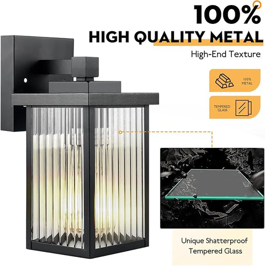 2 Pack Modern Farmhouse Outdoor Wall Lights,IP65 Waterproof & All-Metal Build,Textured Tempered Glass for Soft, Elegant Glow for Porch, Garage, Front Door