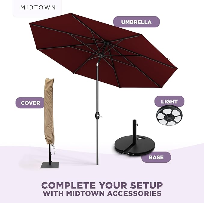 Midtown Umbrellas - The Lean 10 Ft Patio Umbrella with Fade-Resistant Sunbrella Fabric, Auto-Tilt Aluminum Frame and 8 Reinforced Ribs for Deck, Pool & Garden - Burgundy Canopy, Black Pole