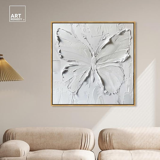 Art Remedy White Butterfly Canvas Elegant White Gold Wall Art, Gold Frame, 40" x 40"