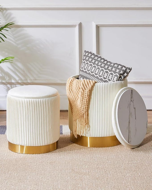 IBUYKE Round Storage Ottoman Set of 2 Ottoman for Dorm Vanity Stool with Storage Velvet FootStools End Table Boucle Ottoman for Home Organization White UWBD016W