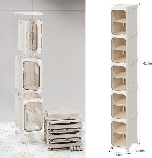 5-Tier Narrow Storage Cabinet Slim Bathroom Storage Cabinet with Movable Wheels Tall Bathroom Organizer Skinny Cabinet for Small Spaces,Beige