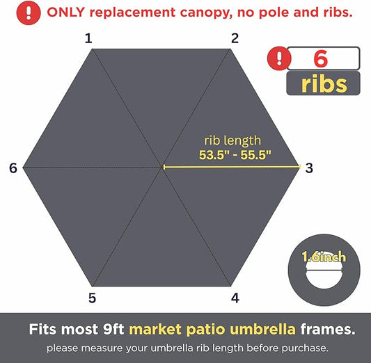 Sfmora 9ft Patio Umbrella Replacement Canopy for 6 Ribs, Outdoor Umbrella Canopy ONLY, Market Umbrella Top, Water-Resistant & UV-Protective