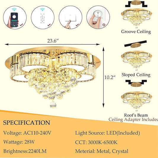 23.6'' Gold Modern Crystal Chandeliers for Dining Room LED Dimmable Light Fixtures Flush Mount Light Living Room Bedrooms