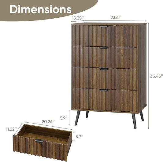 4 Drawer Dresser for Bedroom, Tall Fluted Dresser with Metal Feet, Wooden Storage Organizer Cabinet Chest of Drawer for Closet, Living Room, Hallway,Walnut