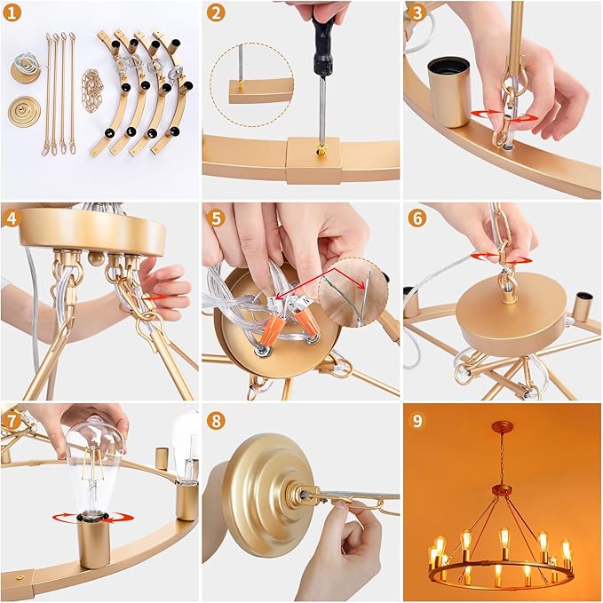 31.5" 12 Lights Gold Wagon Wheel Chandelier, Farmhouse Metal Round Industrial Large Round Pendant Light for Living Room Dining Room Foyer Entryway Kitchen