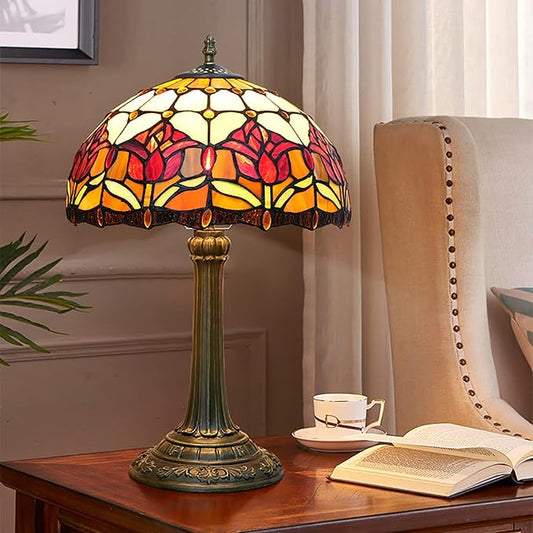 Red Tulip Tiffany Style Stained Glass Table Lamp Bed Room Bedside Reading Desk Light for Living Office Dormitory Bar Retro Unique Cute Accent Decor Cottage 12" Village Gift Nightstand Lamps