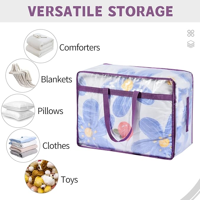 20 Gallon Large Clear Blanket Storage Bags for Bedding with Zipper Handles, 76L Oversized Comforter Storage Bag King Size, Folding Plastic Bedding Storage for Clothes, Bed Sheet, Pillow, Toys, 4Pack