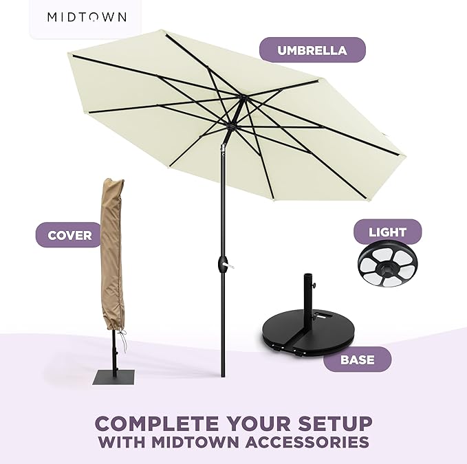 Midtown Umbrellas - The Lean 8 Ft Patio Umbrella with Fade-Resistant Sunbrella Fabric, Auto-Tilt Aluminum Frame and 8 Reinforced Ribs for Deck, Pool & Garden - Canvas Natural Canopy, Black Pole