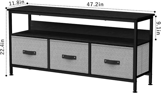 GAOMON 55 Inch TV Stand for Living Room, TV Stand with 3 Drawers, Compact Entertainment Center with Storage Solutions, TV Console Table for Bedroom, Black Finish with Grey Drawers