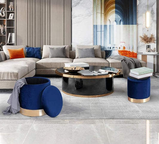 Round Velvet Nesting Ottomans with Spacious Storage set of 2, Upholstered Pouf Footrest with Gold Metal Hoop Accent, Multifunctional Side Table,Vanity Stool for Living Room,Bedroom and Dorm (Blue)
