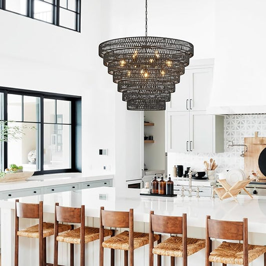 Hand-Woven Rattan Chandelier Vintage Farmhouse 15-Lights Boho Bamboo Large Chandeliers Light Fixture 7-Tier Drum Wicker Chandelier for Dining Room, Living Room, Kitchen, E12
