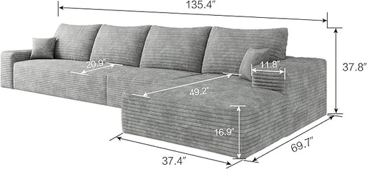 135" Corduroy Couch Sectional with Chaise, L Shape Boneless Cloud Couches for Living Room Bedroom, Fluffy Deep Seat Compression Sofa, Modular Corner Couch No Assembly, Right Facing Chaise, Grey