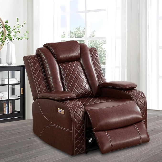 Power Recliner for Living Room, Air Leather Reclining Chair with LED/Storage, 1-Seater Reclining Furniture, Burgundy Leather Couch for House/Apartment/Office