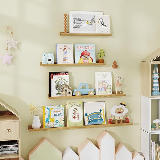 Fun Memories Long Wall Shelves Set of 2-60 Inch Floating Shelves for Wall - Picture Ledge Shelf with Lip for Storage - Wall - Mounted Shelves for Bedroom - Living Room - Kitchen - Oak Color