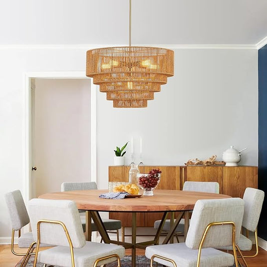 25.6" Boho Rattan Chandelier Light Fixture 6-Light Hand-Woven Bamboo Vintage Farmhouse Chandelier Drum Wicker Golden Chandeliers for Dining Room, Living Room, Kitchen Island, Bedroom, Foyer